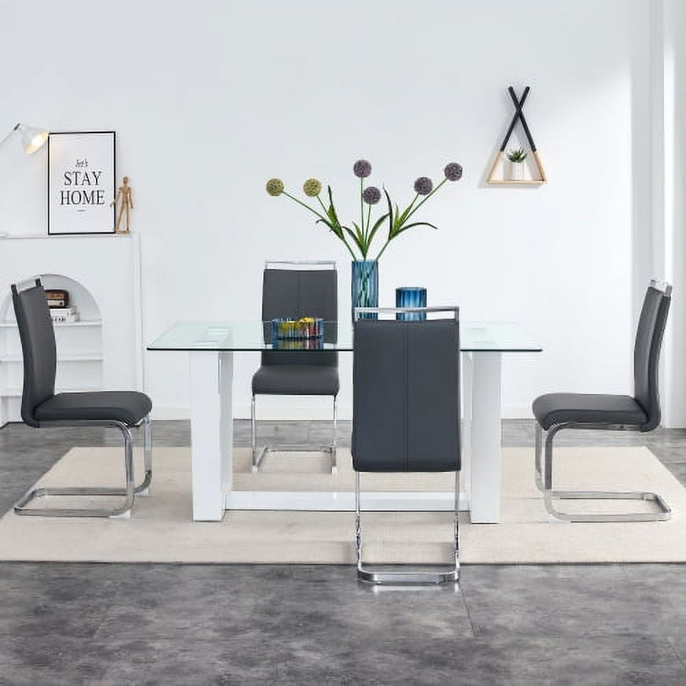 BSHTI Glass Dining Table Large Modern Minimalist Rectangular for 6-8 with 0.4" Tempered Glass Tabletop and white MDF Trapezoid Bracket,For Kitchen Dining Living Meeting Room Banquet Hall