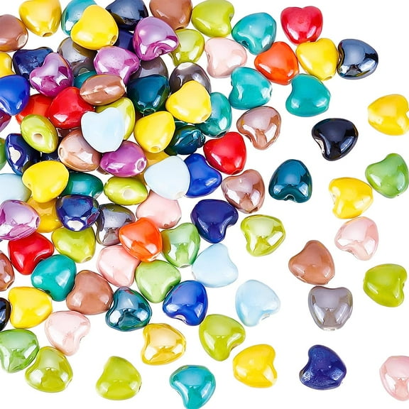 100Pcs Random Color 10mm Handmade Porcelain Beads Heart Ceramic Beads Ceramic Loose Beads Spacer Beads for DIY Jewelry Making Hole:1.8mm for DIY
