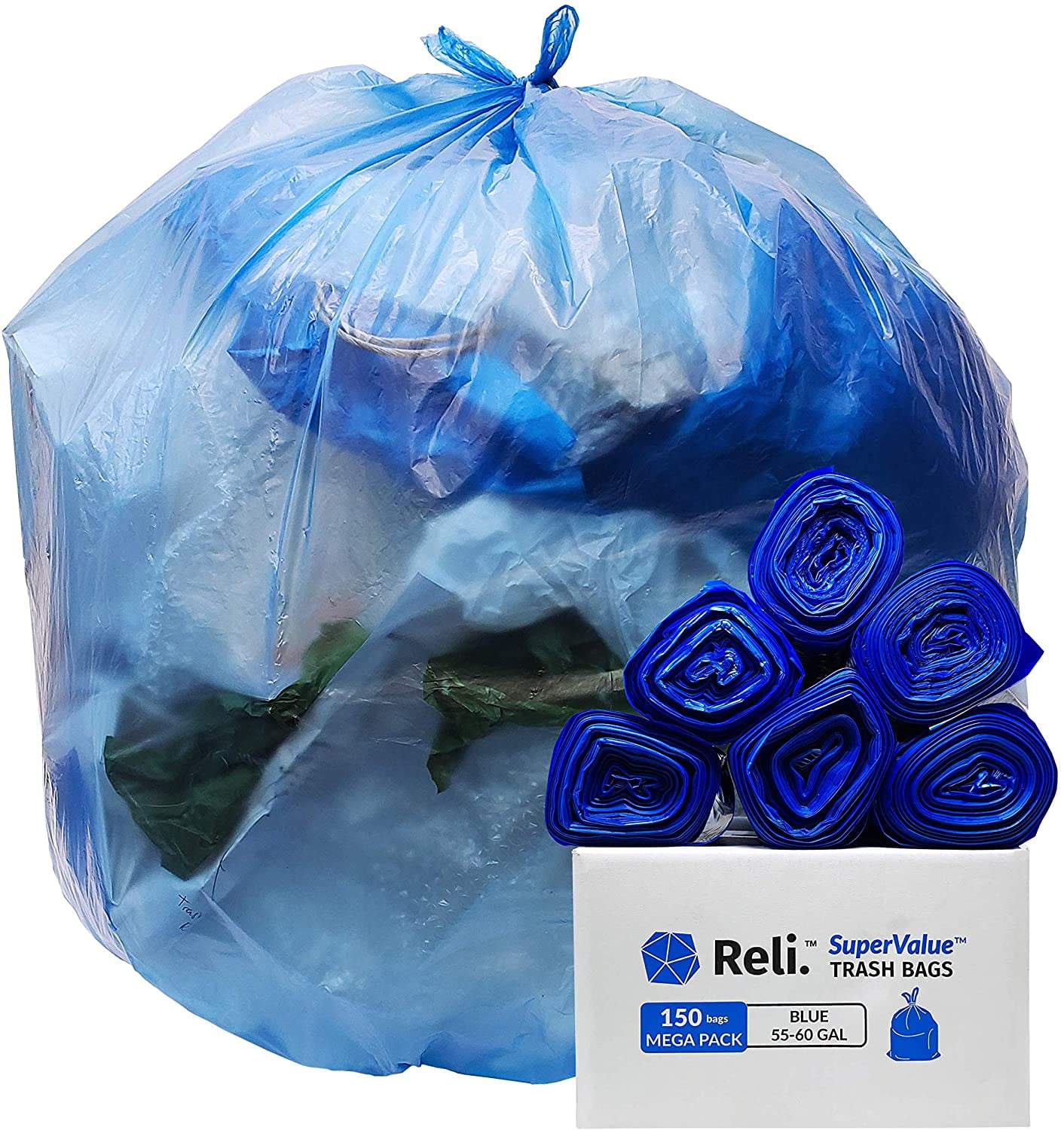 Reli. 55 Gallon Recycling Bags (150 Bags) Blue Heavy Duty Drum Liner 60