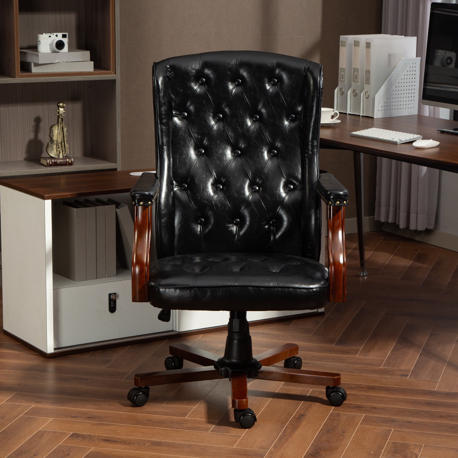 AVAWING Ergonomic Executive Office Chair, Vintage Faux Leather Swivel Work Chair, Black
