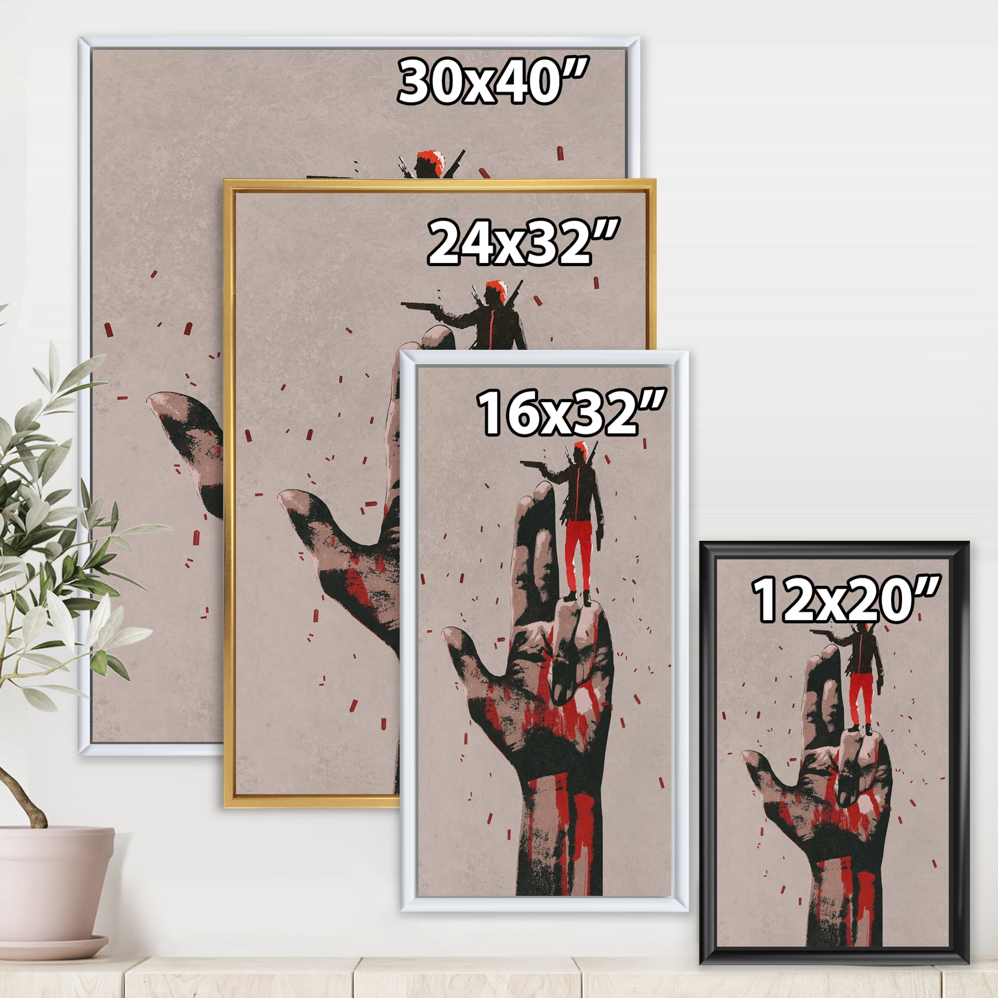 Designart 'Gun Hand Sign With Man Shooting Gun' Modern Framed Canvas Wall Art Print