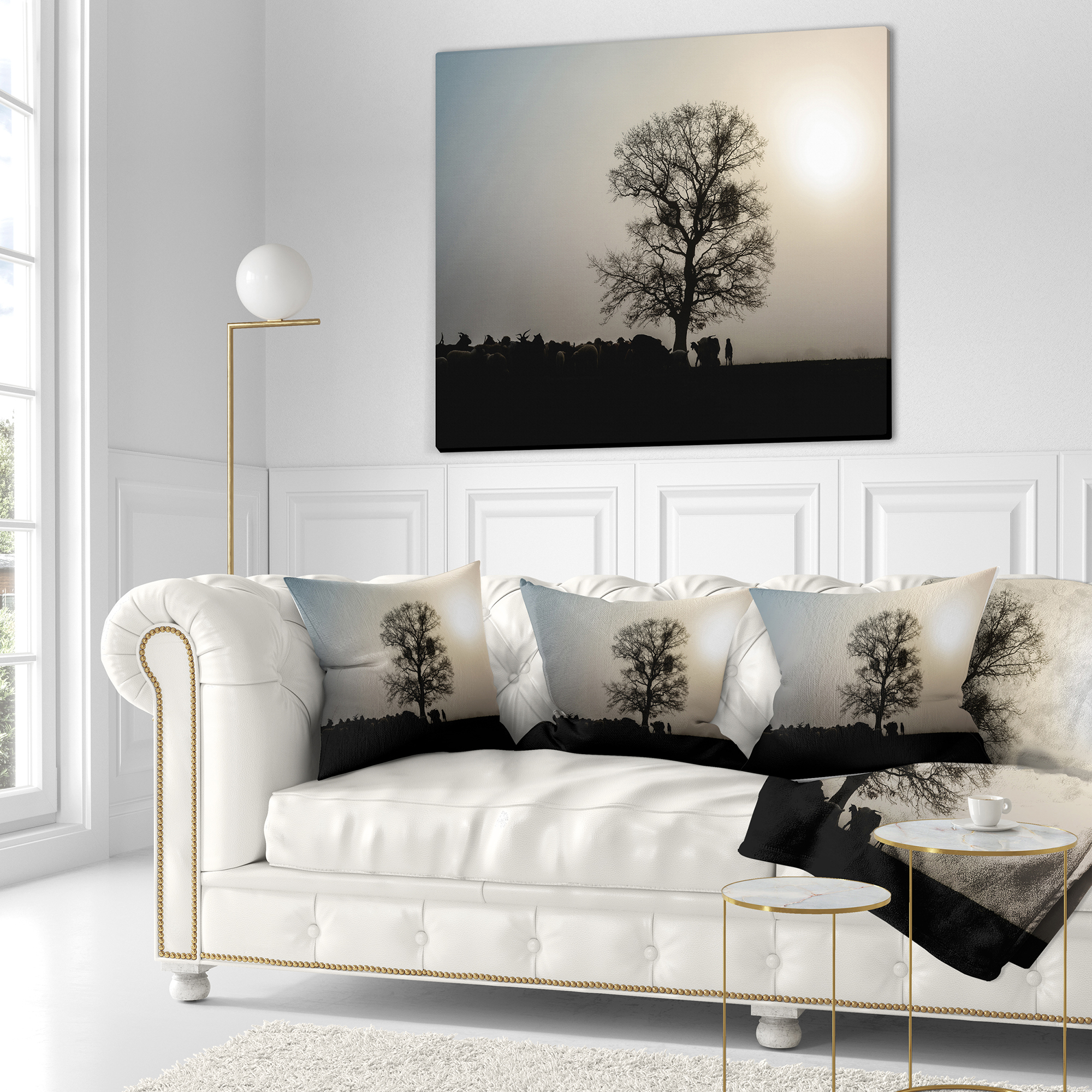 Designart Frosty Spring Morning Sunrise with Tree - Landscape Printed Throw Pillow - 18x18