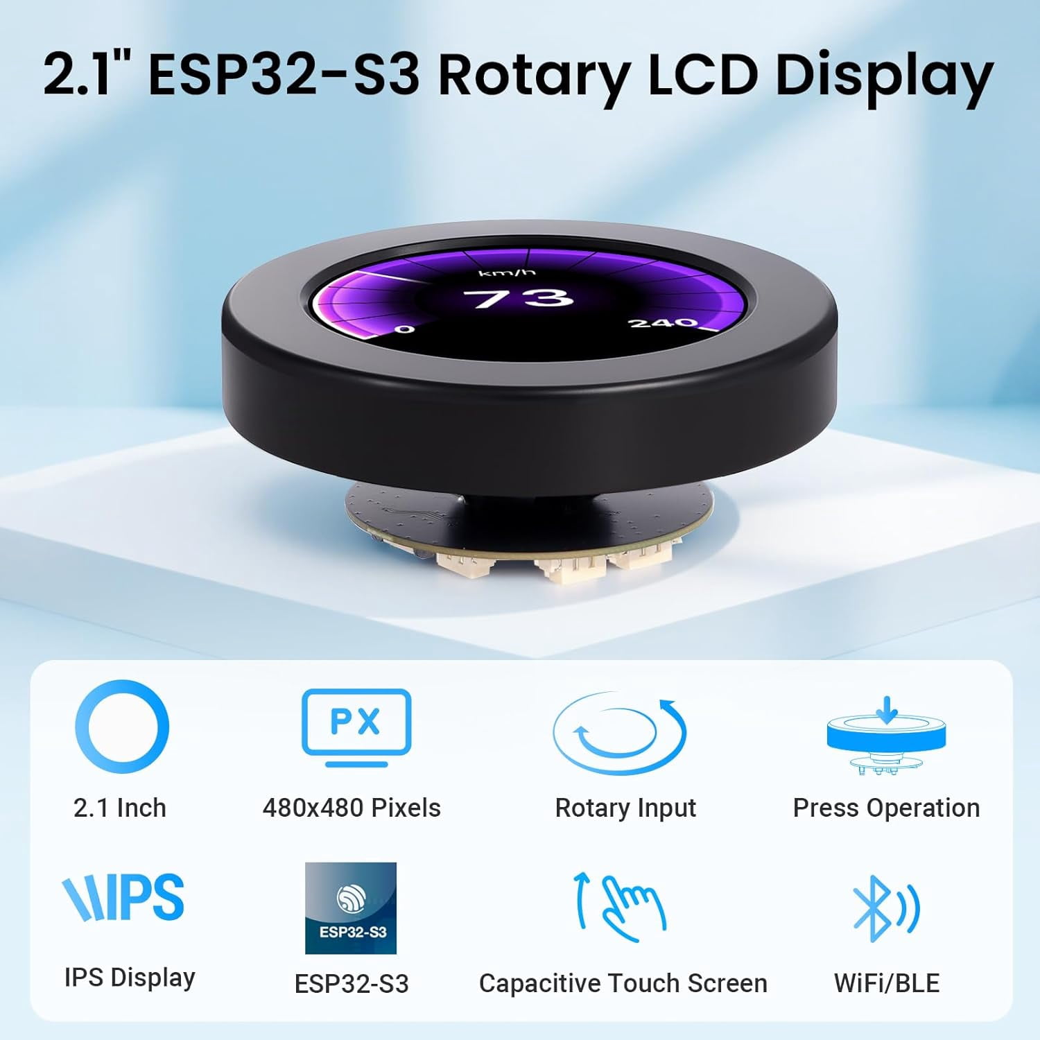 ESP32 Rotary Display 480x480-2.1 Inch HMI IPS Round Knob Touch Display Development Board, 2.4G WiFi and BLE Capacitive Touch Screen Compatible with Arduino IDE and The LVGL Library, Black
