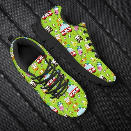 Doginthehole Spring Autumn Sneakers Cute Ambulance Cartoon Print Nurse Flats Shoes Women Casual Lace Up Mesh Running shoes