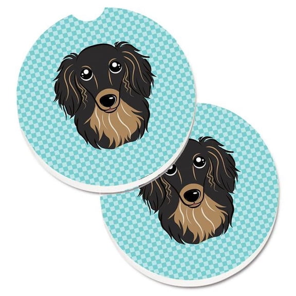 Checkerboard Blue Longhair Black & Tan Dachshund Set of 2 Cup Holder Car Coaster
