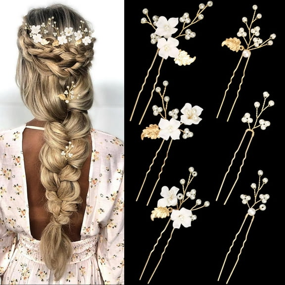 6 Pieces Flower Pearl Wedding Hair Pins, Handmade Gold Leaf Bridal Hair Styling Pins Headpiece Jewelry for Brides Bridesmaids and Flower Girls