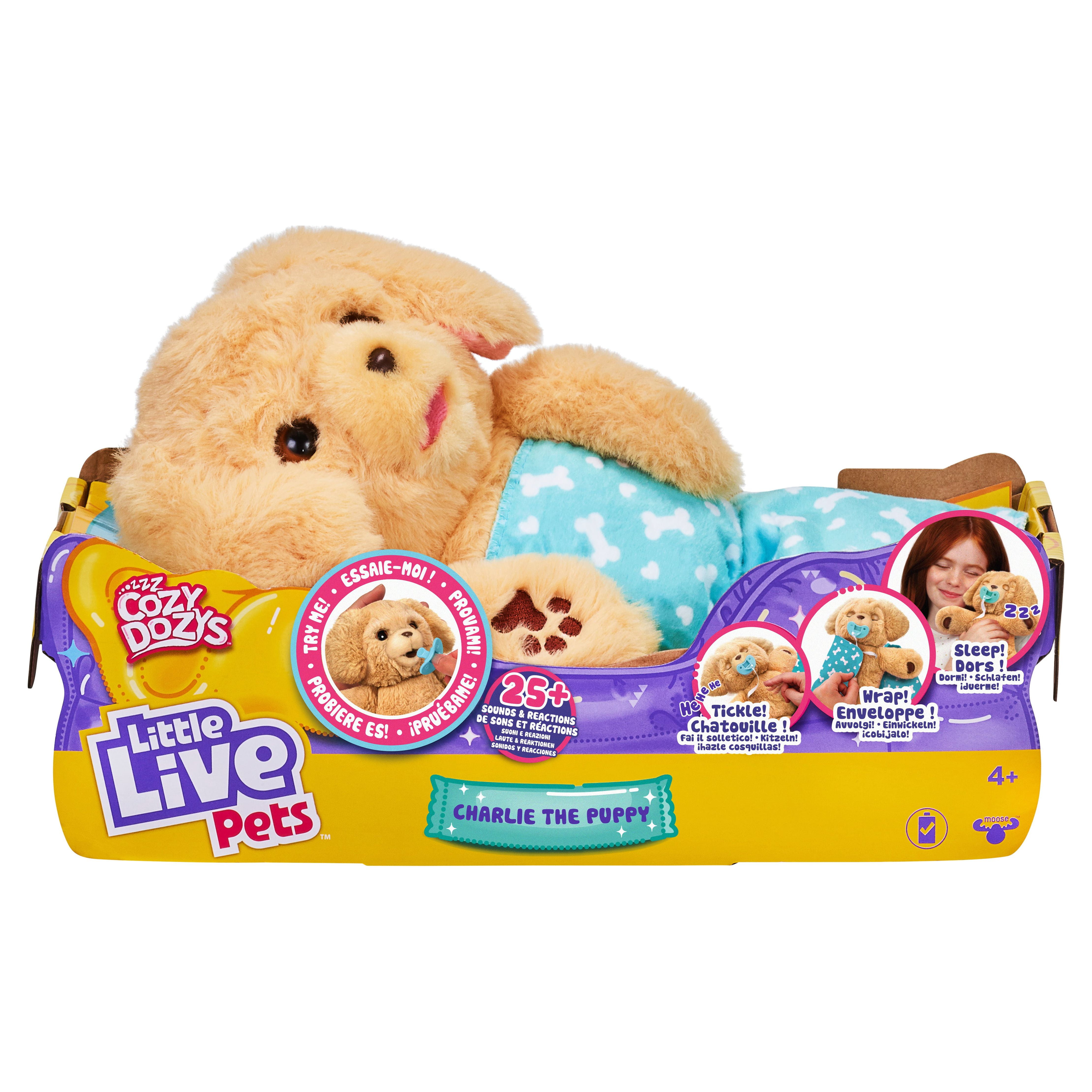 Little Live Pets - Cozy Dozys: Charlie The Puppy, Interactive Plush Toy Dog, 25+ Sounds and Reactions, Magical Eye Movement, Blanket, Pacifier and Batteries Included. For Kids Ages 4+.