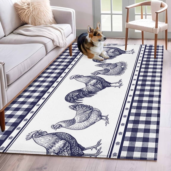Navy Blue Rooster Area Rugs 2.7'x5', Washable Small Throw Rugs for Kitchen Bedroom, Vintage Farmhouse Blue Plaid Indoor Outdoor Rug Non-Slip Low Pile Carpet Runner Reversible Floor Mats