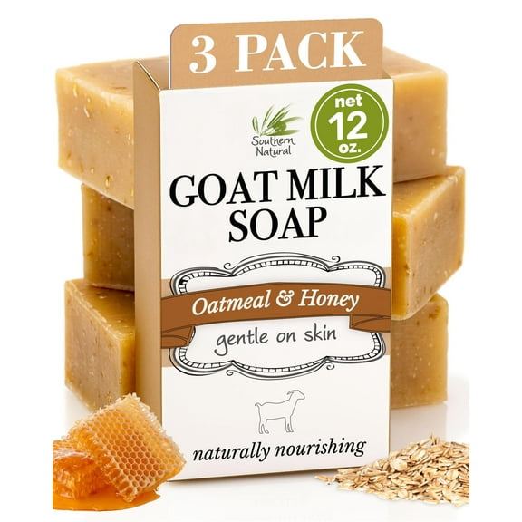 Southern Natural Oatmeal Soap Bar - 3 Pack - Unscented Handmade Goat Milk Soap For Men, Women Kids & Baby. Great For Face and Body. Fragrance Free
