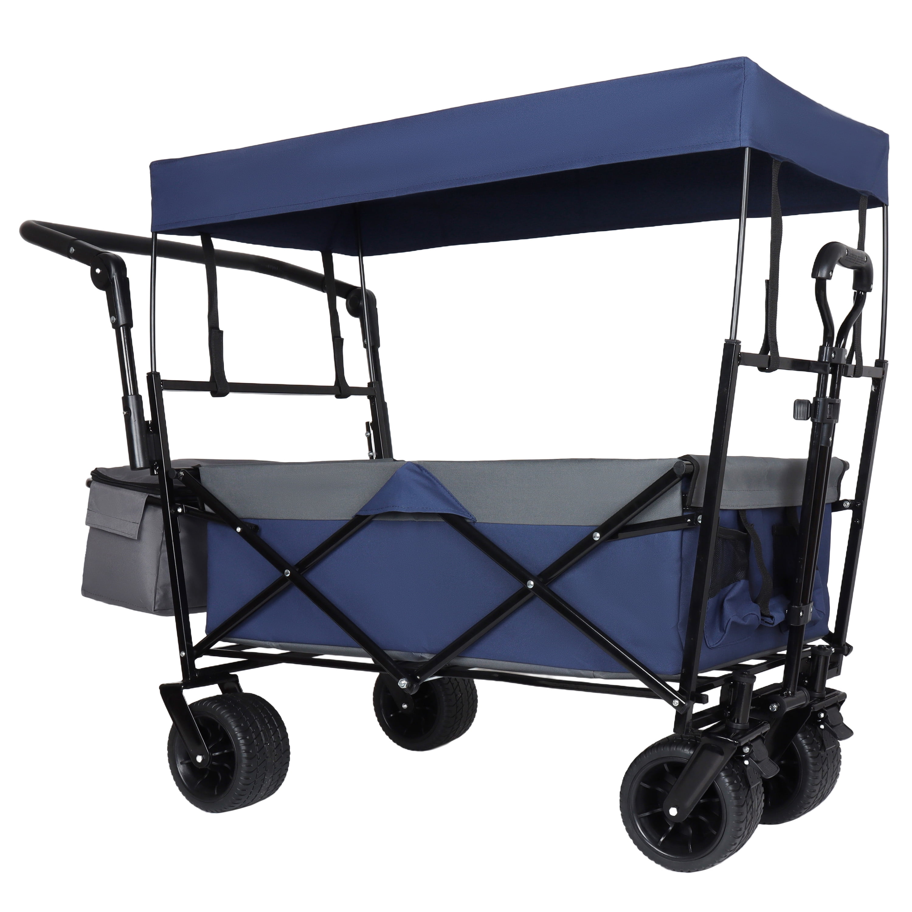 Collapsible Wagon with Push Handle & Canopy, Dark Blue, 480LBS Heavy-Duty Folding Cart, 7"×4" All-Terrain Wheels, Large Capacity Utility Wagon for Camping, Shopping, Garden