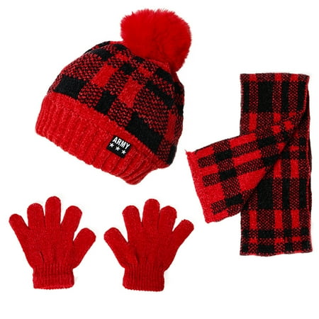 

Toddler Baby Girl Boy Winter 3Pcs Buffalo Plaid Hat Set Knit Beanies with Pompom Neck Warmer Gloves Cap Set