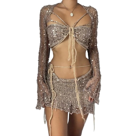 Aellinatey Women Sequins Embellished Beach Loungewear Set Hollowed Knit Swimsuit Coverup