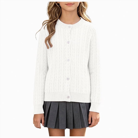 larppty Teen Sweaters for Girls Button Down Long Sleeve Crewneck Cable Knit Cardigan Fall School Uniform Sweatshirts (White,4-5 Years)