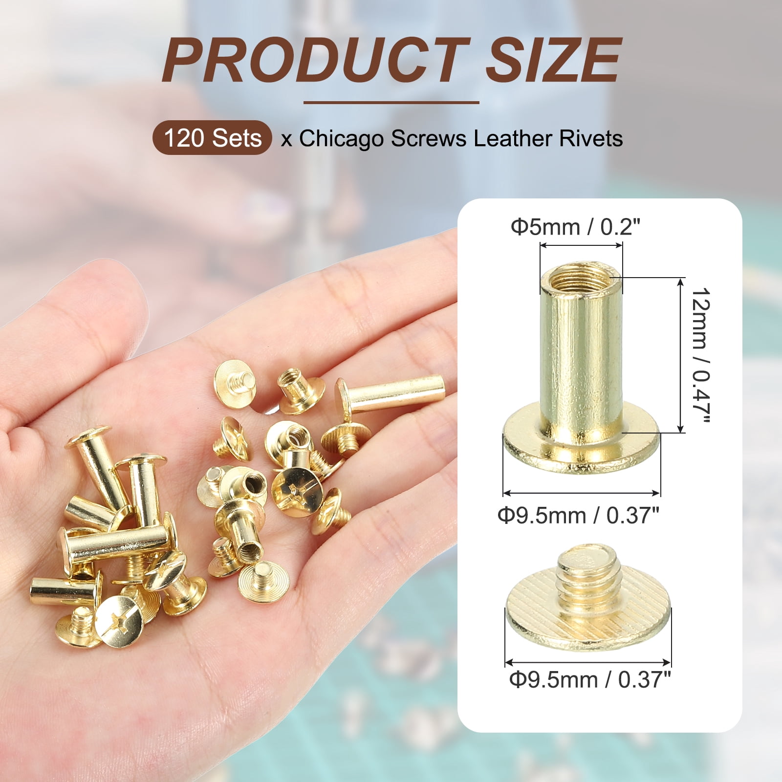 Uxcell 15mm Chicago Screws Leather Rivets, 120 Set Leather Rivets Nail Stud Screws Bolt Assorted Kit for DIY Leather Craft Bookbinding Decorate Repair Belt Bag Clothing, Gold Tone