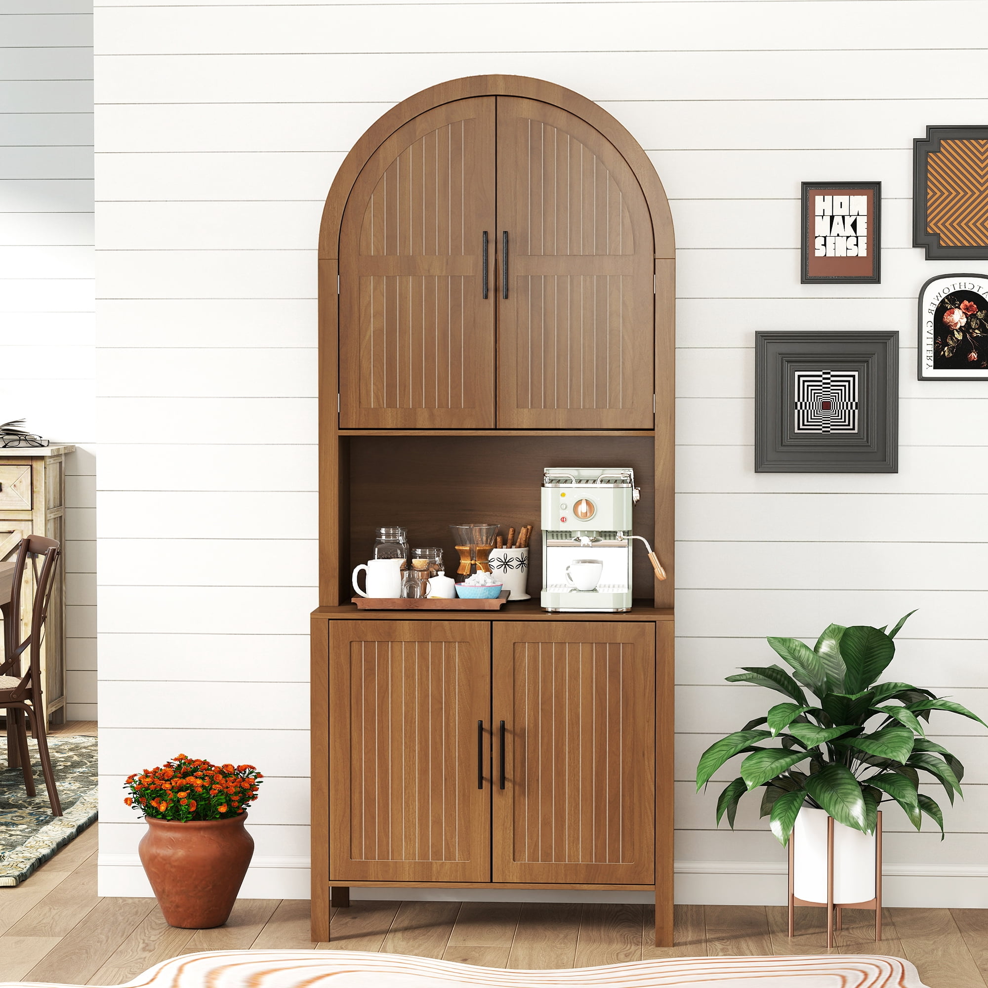 Oubayajia 75.8" Tall Arched Kitchen Pantry Storage Cabinets with Fluted Doors and Adjustable Shelves, Freestanding Cupboard for Kitchen, Dining Room and Living Room, Walnut