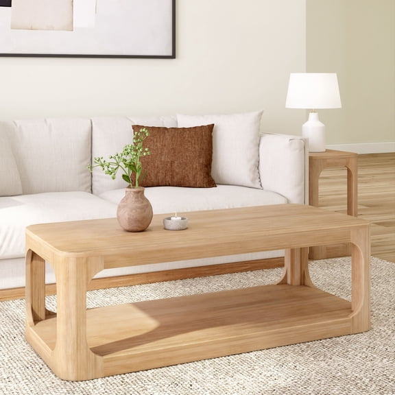 Plank Beam Solid Wood Forma Coffee Table, 54" Modern Coffee Table with Storage Shelf, Blonde