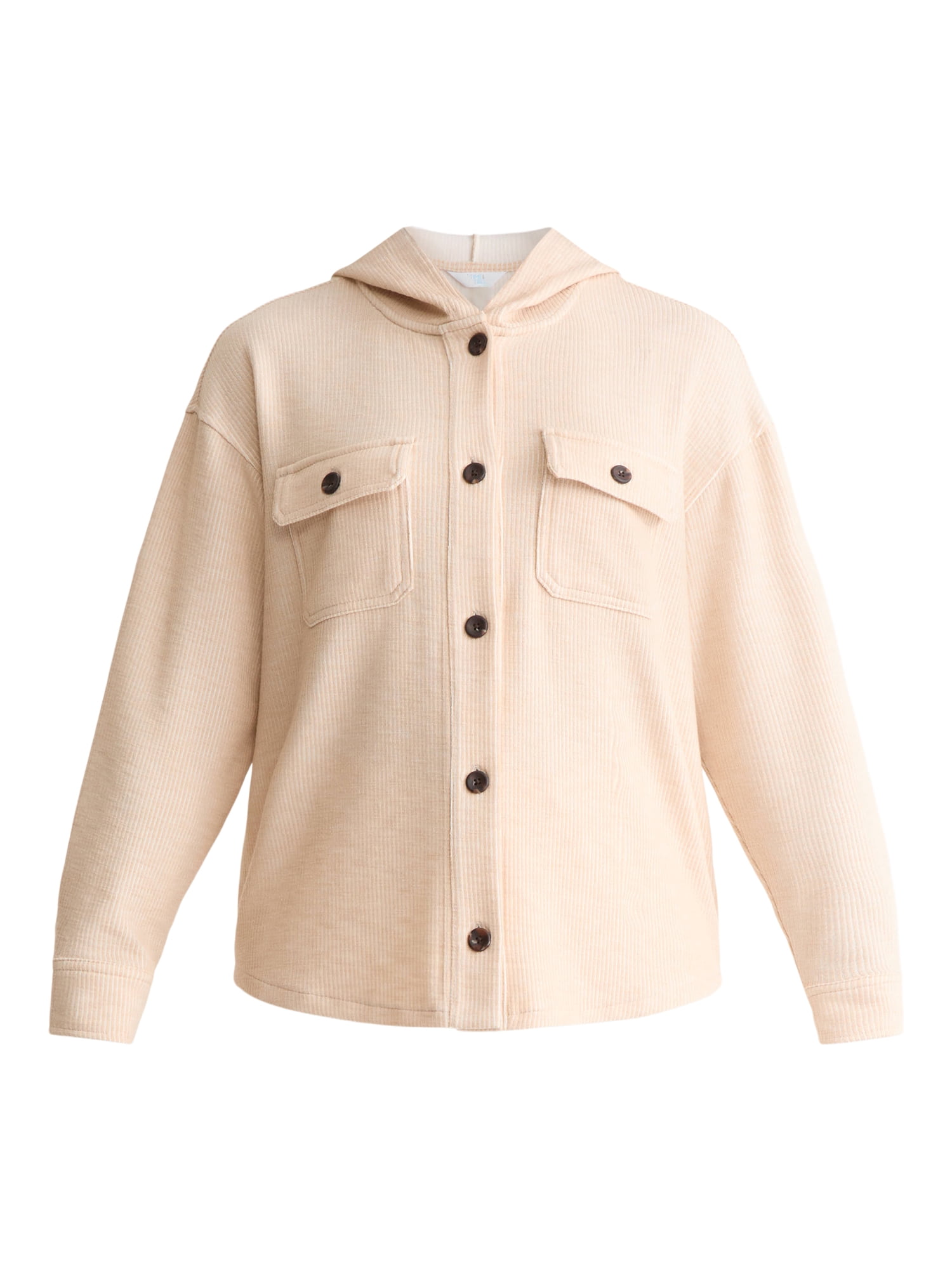 Time and Tru Women's and Women's Plus Ribbed Shirt Jacket with Hood, Sizes XS-4X
