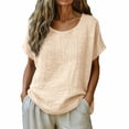 thumbnail image 3 of BODOAO Women Elbow Sleeve Linen Tops Solid Color Shirt Skin-Friendly Tops Gauze Tops Quick Dry Summer Beach Tops Office Blouses Lounge 2026 Trendy Blouse Scoop Neck Vacation Shirts Casual Beige L, 3 of 8
