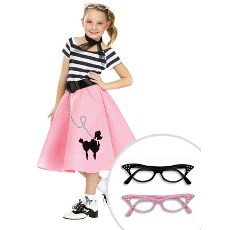 Poodle Dress With Belt and Scarf for Girls and Pink Rhinestone 1950s Glasses