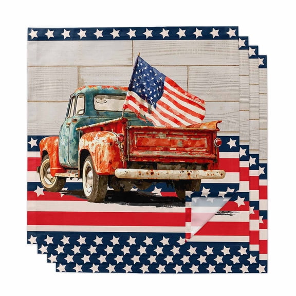 Vintage Truck American Flag Cloth Napkins, Blue Star 4th of July Washable and Reusable Dinner Napkins Set of 4, Table Napkin for Kitchen Party Birthday Wedding Hotel Housewarming 20"x20"