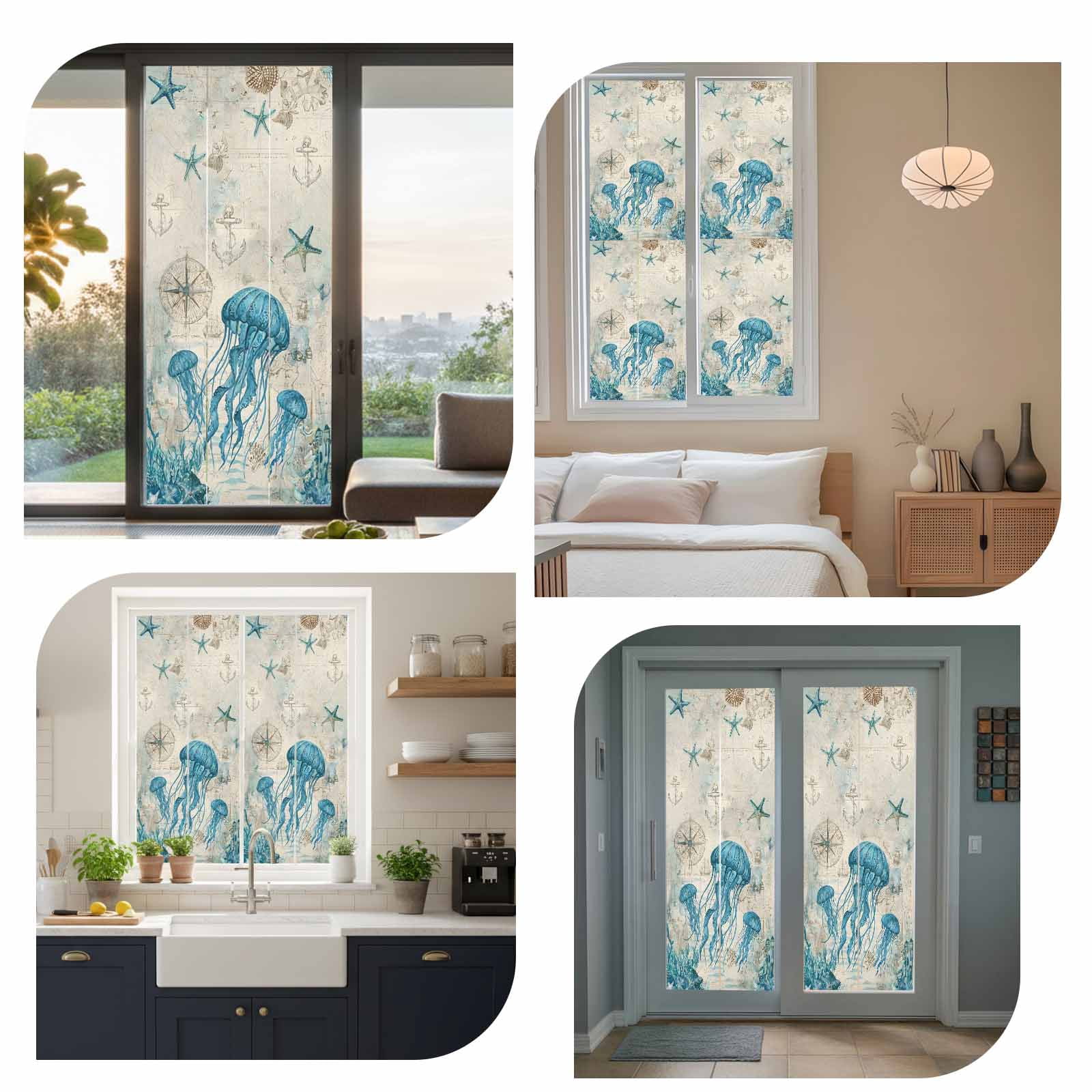 Nautical Teal Jellyfish Window Privacy Film, Ocean Corals Compass Vintage Brown Map Frosted Glass Window Clings Static Cling UV Heat Blocking Reusable Door Sticker for Bathroom 23.6 x 59 Inch