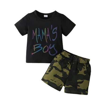 

Infant Boys Summer Clothes Outfits Letter Print Crew Neck Short Sleeve T-Shirts and Elastic Waist Camouflage Shorts Set