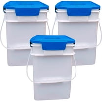 House Naturals 4 Gallon Square Food Grade Bucket Pail with Plastic Handles and Lid (Pack of 3) Made in USA containers (White - Blue lids)