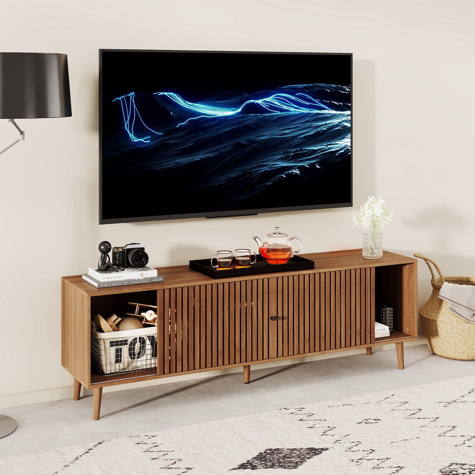 Oubayajia Mid-Century Modern 51" TV Stand for TVs up to 60”, Wood TV Console with Waveform Sliding Doors and Storage, Entertainment Center for Living Room Bedroom, Walnut