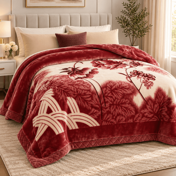 DBOZE Luxury Heavy Floral Velvet Blanket, 2 Ply Reversible Faux Mink Raschel Fleece, Ultra Soft Silky Plush Warm Winter Blanket, Oversized King, Red Wine & Cream