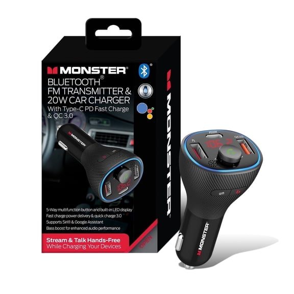 Monster 20W Bluetooth FM Transmitter with USB and USB-C Charging Ports for Hands-Free Calls and USB/SD/Aux Audio Playback