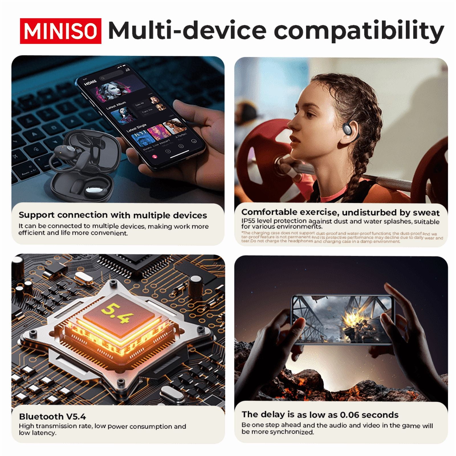 MINISO MS181 Bluetooth 6.0 Wireless Open-Ear Headphones - AI Translator, Noise-Cancelling Earbuds, 133+ Languages, IPX5 Waterproof, Black + Earbud Case