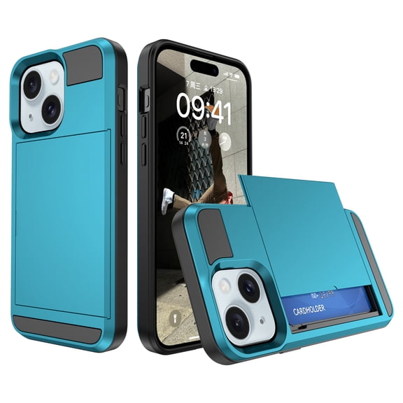 for iPhone 15 Case Wallet Credit Card Holder ID Slot Sliding Door Hidden Pocket Men Women Anti-Scratch Dual Layer Hybrid Bumper Armor Protective Shell Back Cover,Lightblue