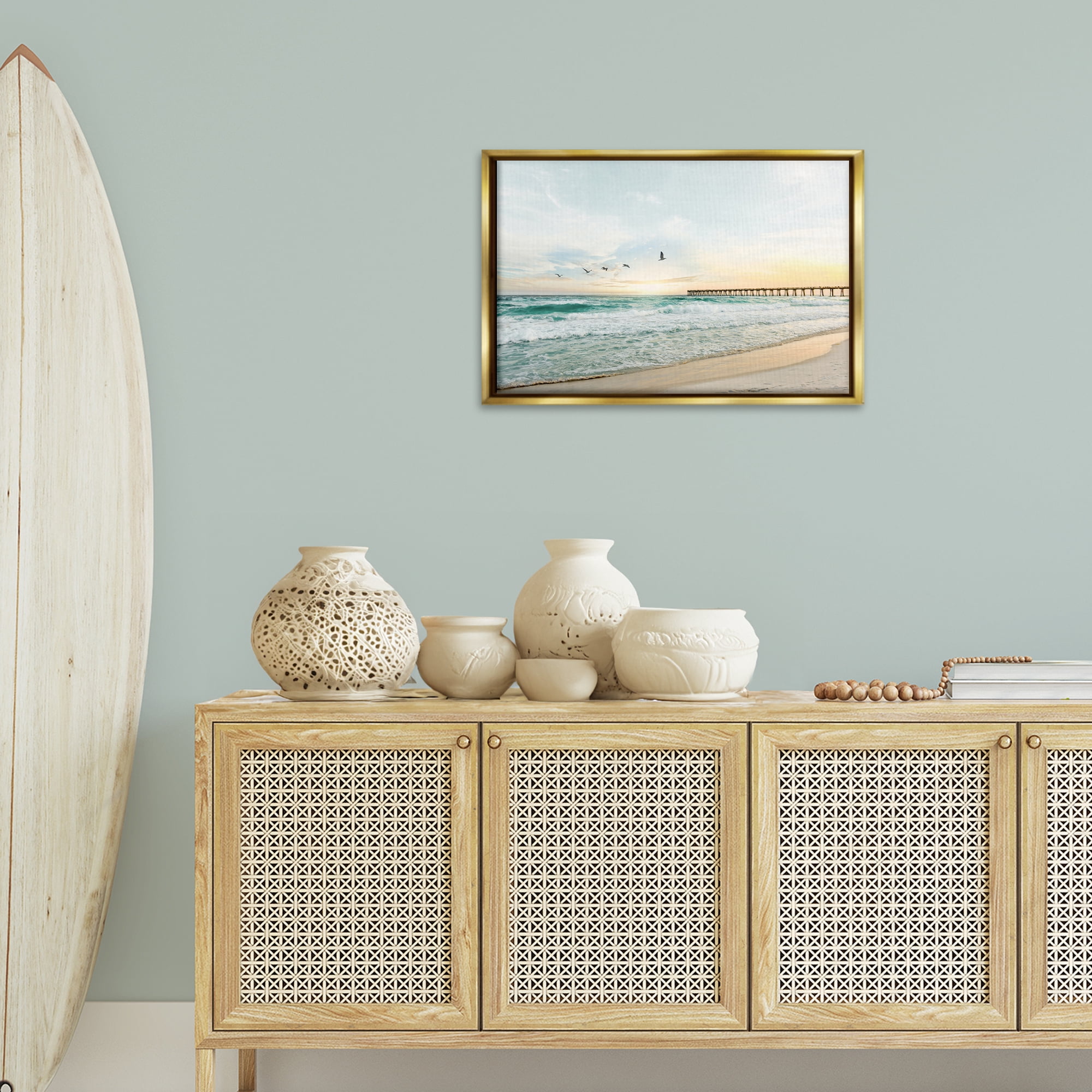 Stupell Industries Birds at Beach Pier Landscape & Nature Photography Gold Floater Framed Canvas Art Print Wall Art, 25 x 17
