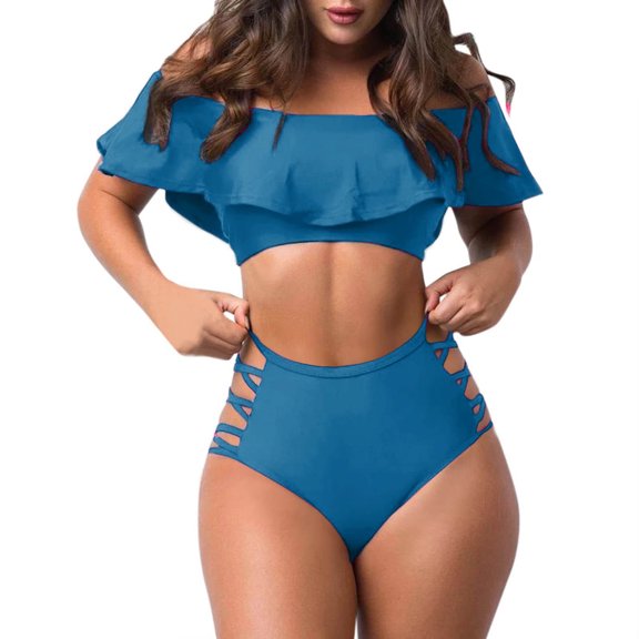 WREESH Womens Off Shoulder Swimsuit High Waisted Swimsuits for 2 Piece Bikini Sets Hawaiian Tropical Print Swim Cami Bra and Ruffles Bathing Sets Beachwear Blue