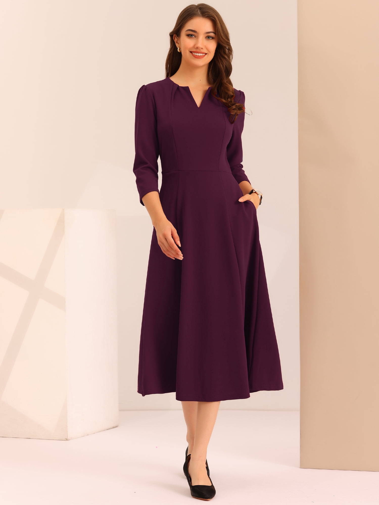 DARING DIVA Women's 3/4 Sleeve V Neck A-Line Midi Dress with Pockets S Deep Purple