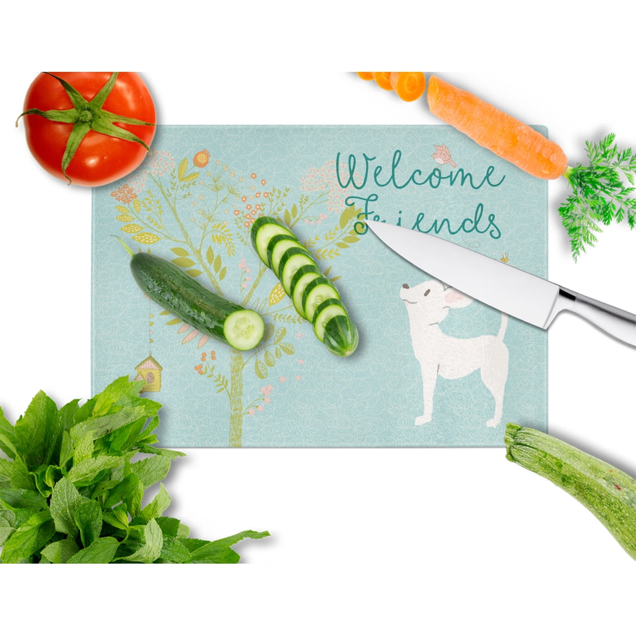 Welcome Friends White Chihuahua Glass Cutting Board Large