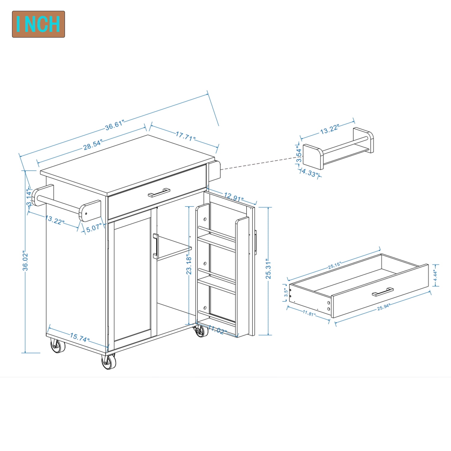 MDQMD Kitchen Carts on Wheels,Kitchen Island Cart with 1 Drawer & 2 Doors with Spice Rack & Towel Rack,Large Storage Cabinet White
