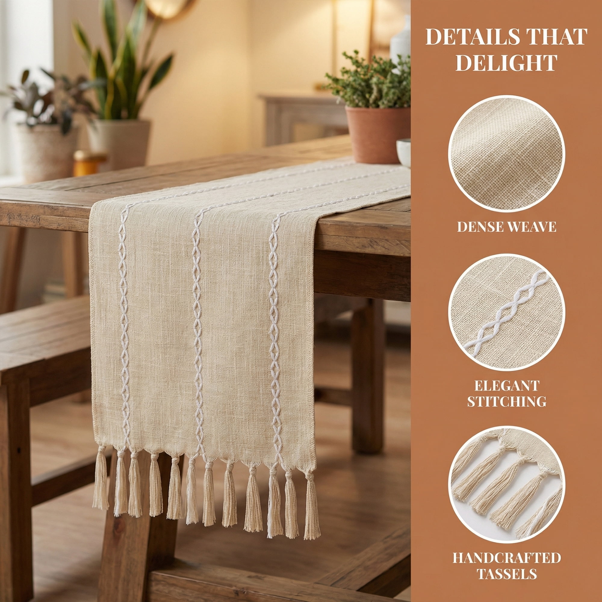 Unique Bargains Washable Polyester Kitchen Runner with Tassel for Dining Beige 13"x72"