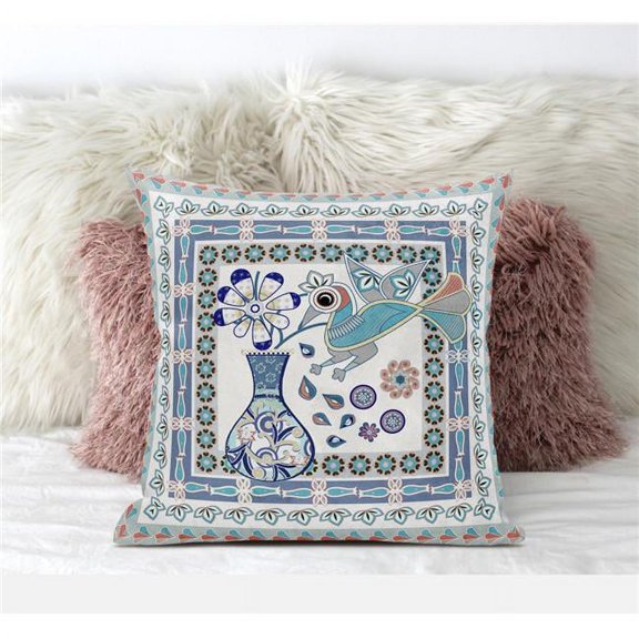Love Your Vase Peacock Throw Pillow in Off-White Blue Gray 18x18