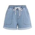 thumbnail image 7 of Miluxas Women's Jean Shorts Elastic High Waist Rolled Hem Wide Leg Denim Shorts with Drawstring & Pockets Y2K Street Jeans Beach Vacation Shorts Light Blue, 7 of 7