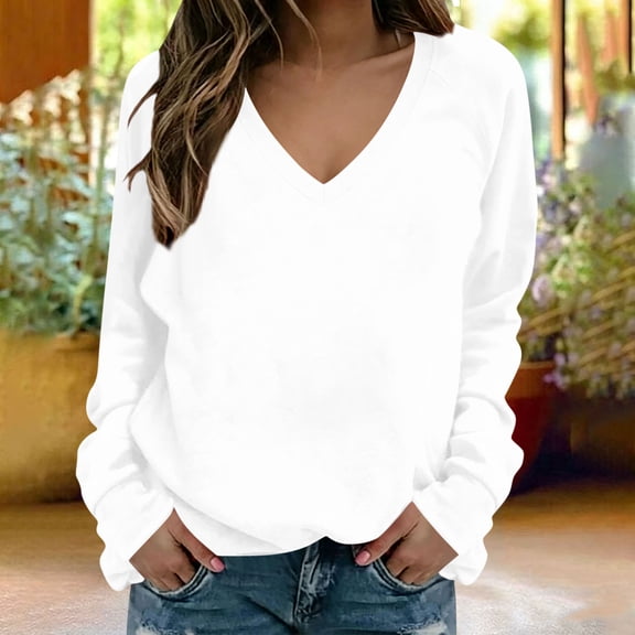 Top for Women Long Sleeve V Neck Solid Color Loose Sweatshirt White L