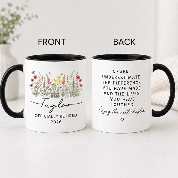 Personalized Retirement Mug 2026, Custom Name Floral Coffee Cup, Officially Retired Gift for Women, Coworker Teacher Nurse Retirement Gift