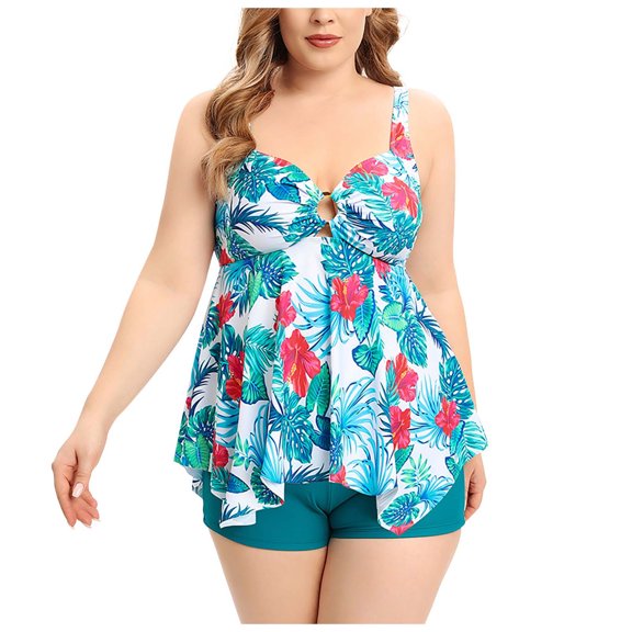 up to 30% off up to 60% off Gifts Wycnly Two-Piece Swimsuits for Women High Waist Hollowed Plus Size Swimdress Bathing Suits Sleeveless V-Neck Floral Print Swimwears Blue XXL