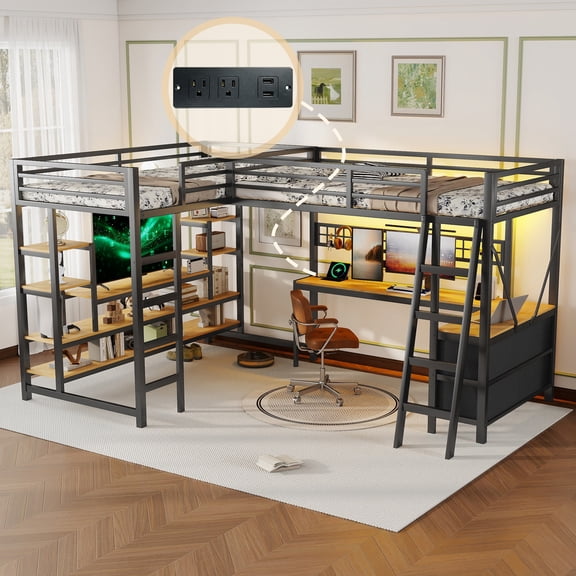 HOQBN L-Shaped Loft Bed Twin Size with 2 Built-in Desks and Show Shelves, Heavy Duty Metal Gaming Loft Bed with 5 Drawers, LED Lights, Charging Station and DIY Grid,Black