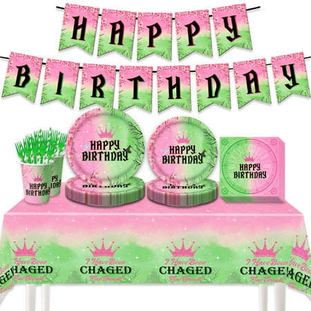 122Pcs Witch Party CORNET Decorations Pink and Green Tablecloth Witch Princess Party Plates Napkins Paper Cups Straws Forks Pink and Witch and Princess Party Supplies