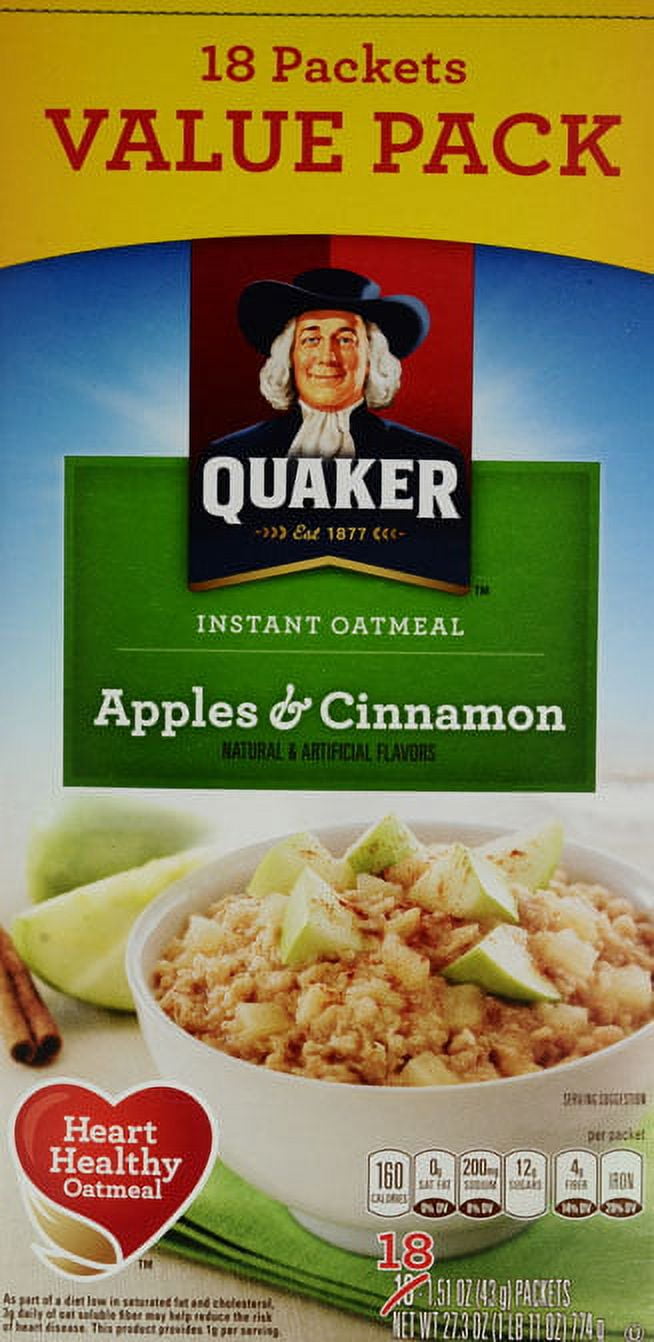 Quaker Instant Oatmeal, Apples & Cinnamon, Value Pack, 1.51 oz, 18 Packets