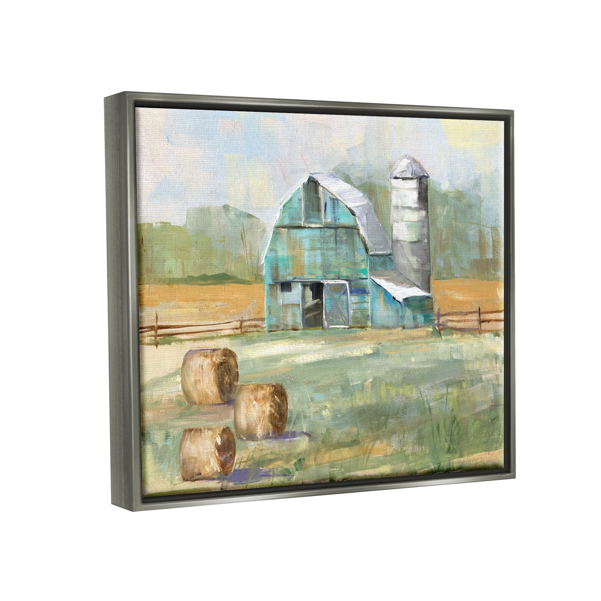 Stupell Industries Contemporary Blue Farm Barn Hay Bails Empty Field Luster Gray Framed Floating Canvas Wall Art, 16x20, by Sally Swatland
