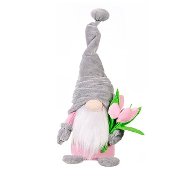 Crazyview Mother's Day Gnome Decorations - Set of 1/2 Plush Gnomes with Pink Tulip Bouquets [Soft Non-Woven Fabric, 14.5" Tabletop Display]