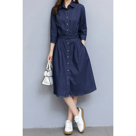 - Women Collar Neck Solid Color Denim Dress