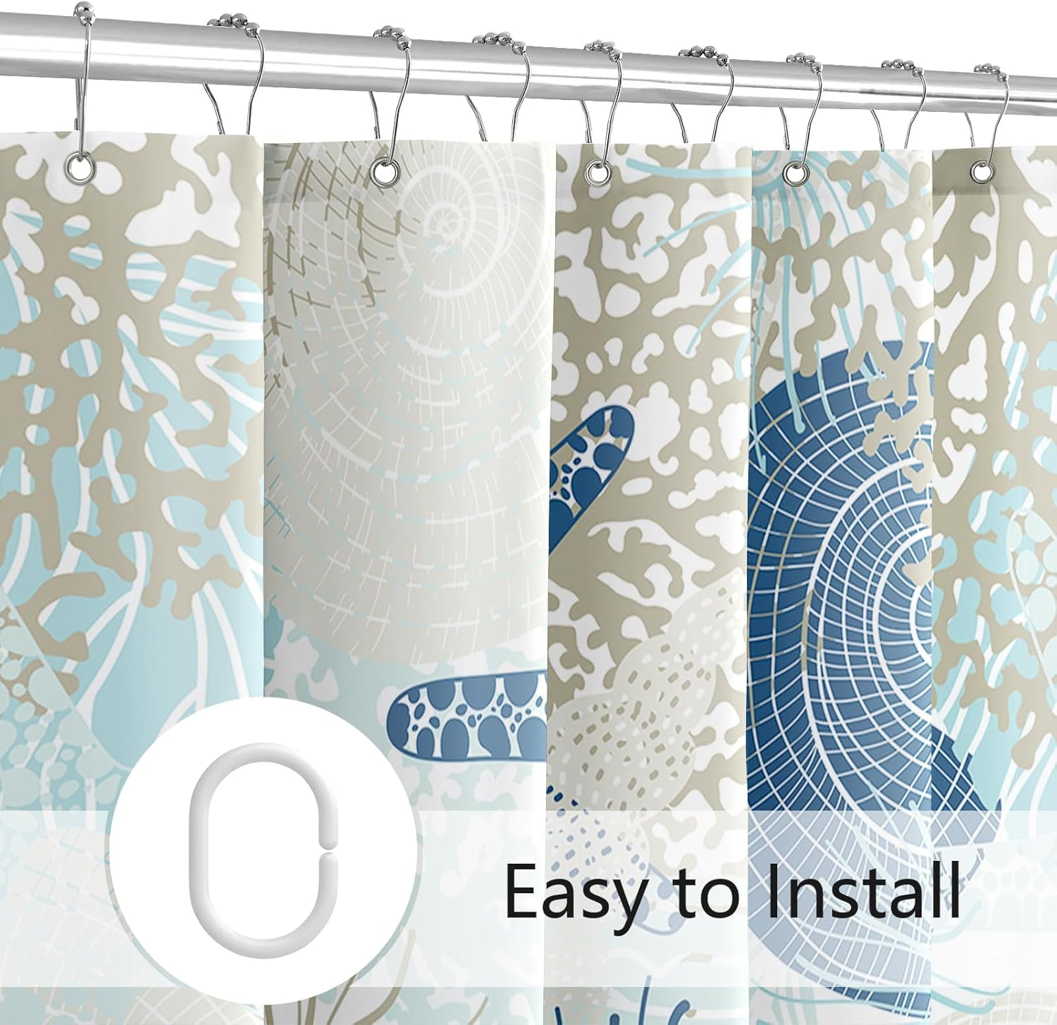 Beach Ocean Themed Shower Curtain, Cute Nautical Coastal Shower Curtain for Bathroom Decor, Summer Tropical Seashell Starfish Coral Fabric Shower Curtain Set with Hooks, Teal Blue, 72x72